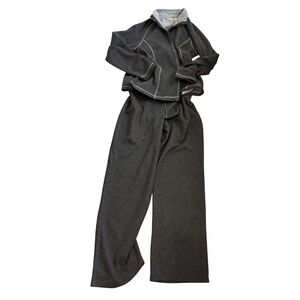 Caslon Lounge Set Women L Grey Fleece Zip Jacket Wide Leg Pants Co-ord A164